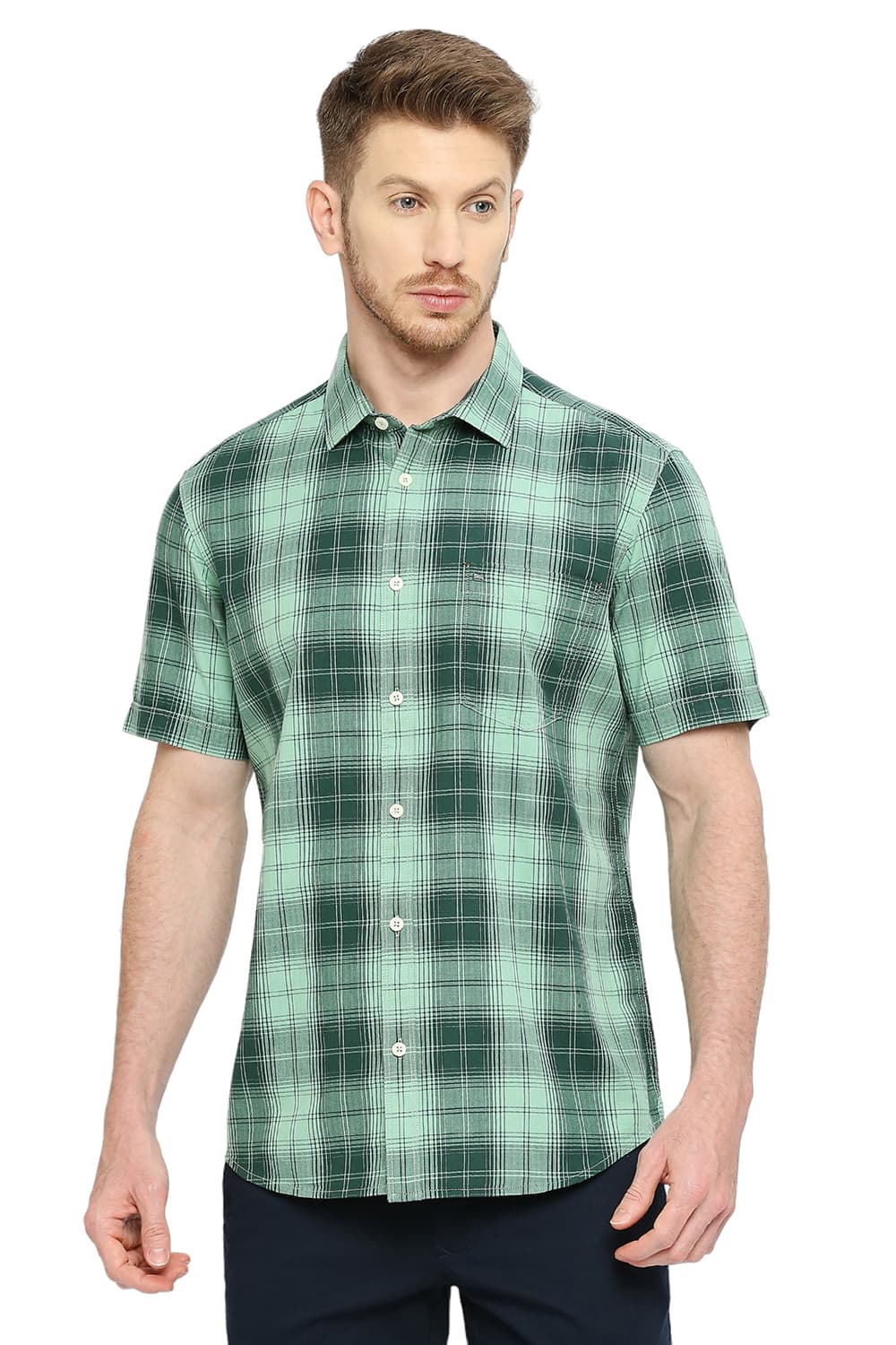 BASICS SLIM FIT COTTON HERRINGBONE TWILL CHECKS SHIRT