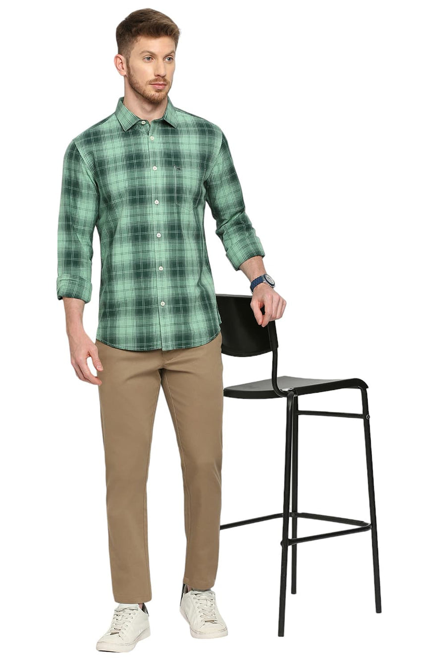 BASICS SLIM FIT ICEBERG GREEN COTTON HERRINGBONE TWILL CHECKS SHIRT