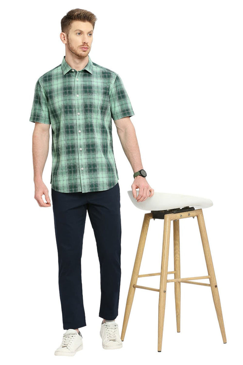 BASICS SLIM FIT COTTON HERRINGBONE TWILL CHECKS HALFSLEEVES SHIRT