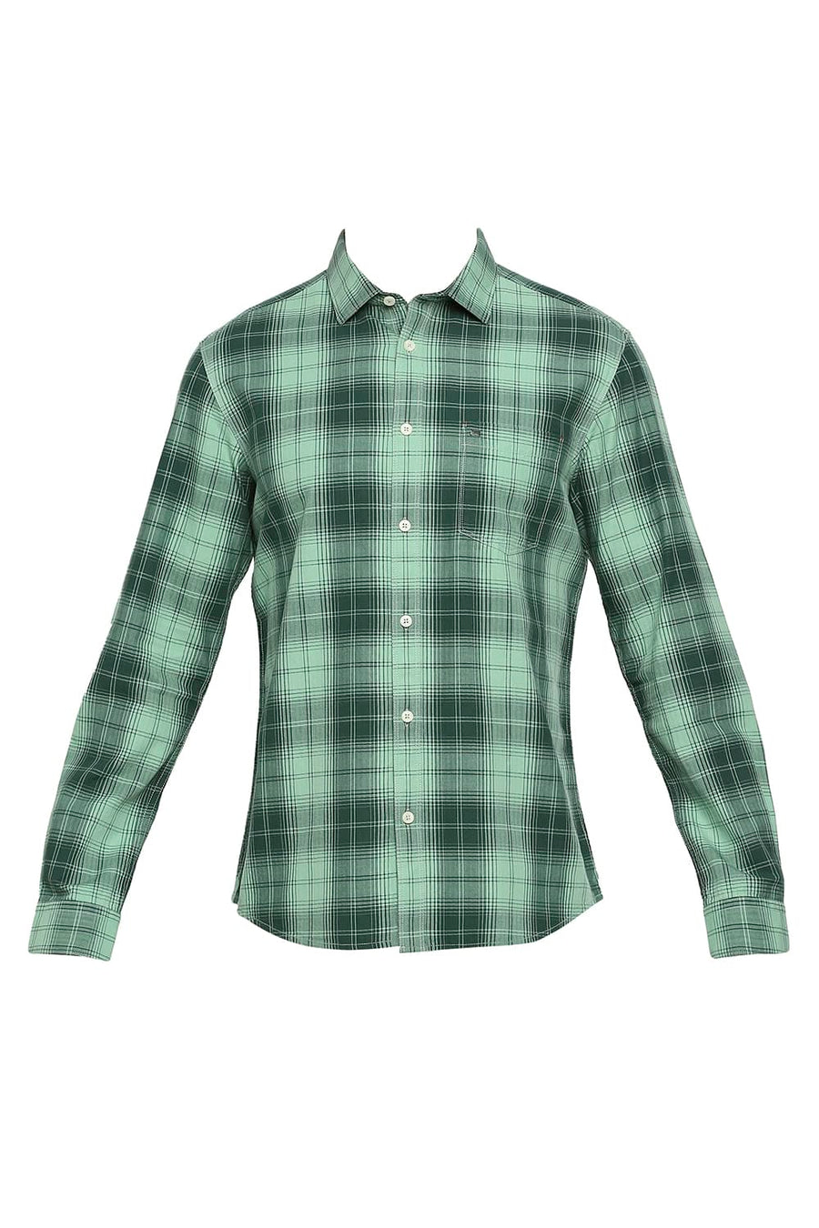 BASICS SLIM FIT ICEBERG GREEN COTTON HERRINGBONE TWILL CHECKS SHIRT