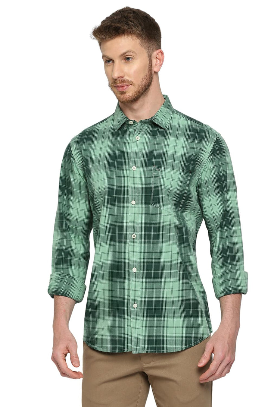 BASICS SLIM FIT ICEBERG GREEN COTTON HERRINGBONE TWILL CHECKS SHIRT