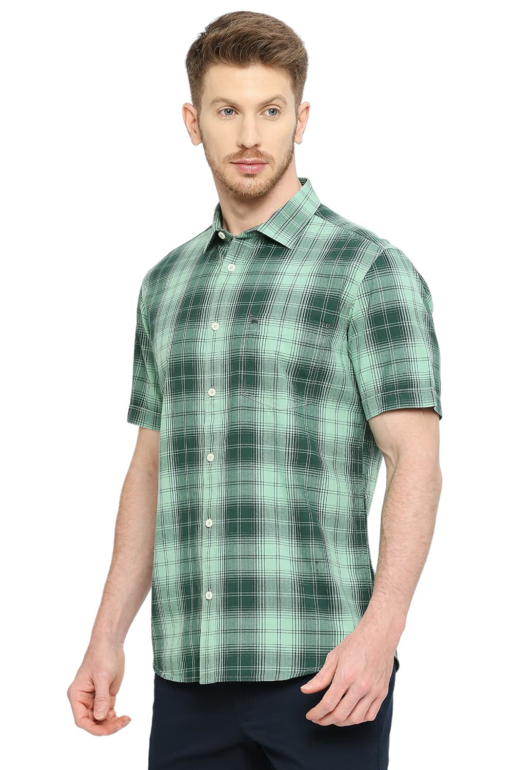 BASICS SLIM FIT COTTON HERRINGBONE TWILL CHECKS HALFSLEEVES SHIRT