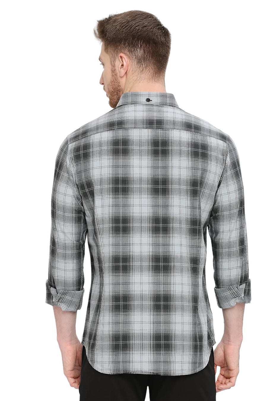 BASICS SLIM FIT SHARK GREY COTTON HERRINGBONE TWILL CHECKS SHIRT