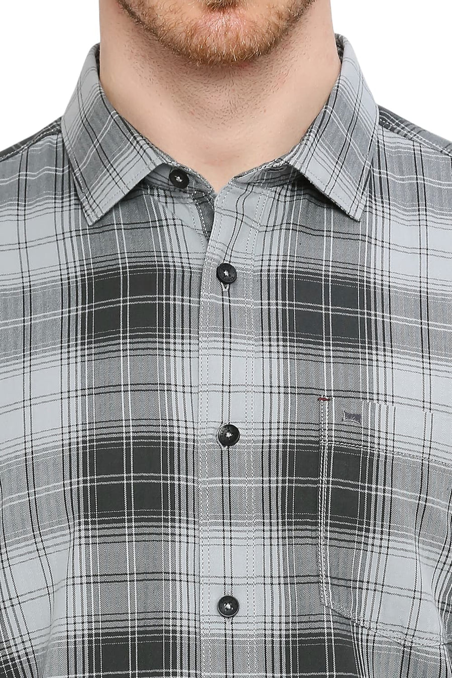 BASICS SLIM FIT SHARK GREY COTTON HERRINGBONE TWILL CHECKS SHIRT