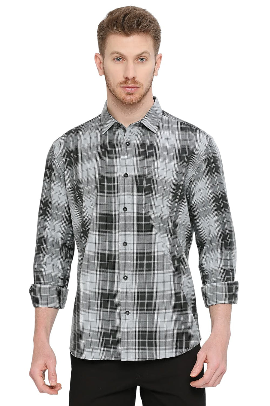 BASICS SLIM FIT SHARK GREY COTTON HERRINGBONE TWILL CHECKS SHIRT