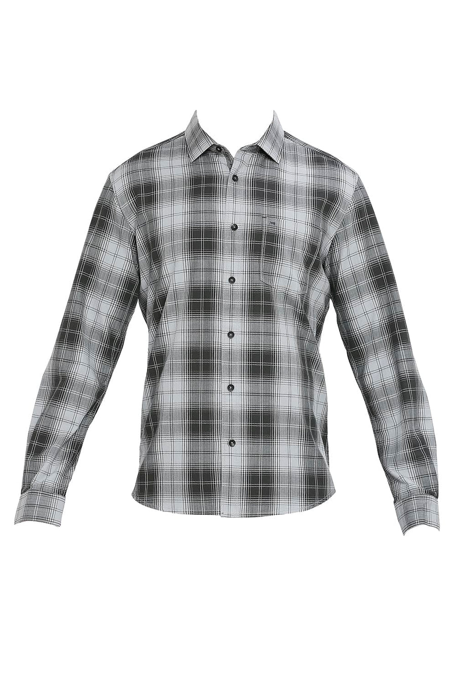 BASICS SLIM FIT SHARK GREY COTTON HERRINGBONE TWILL CHECKS SHIRT