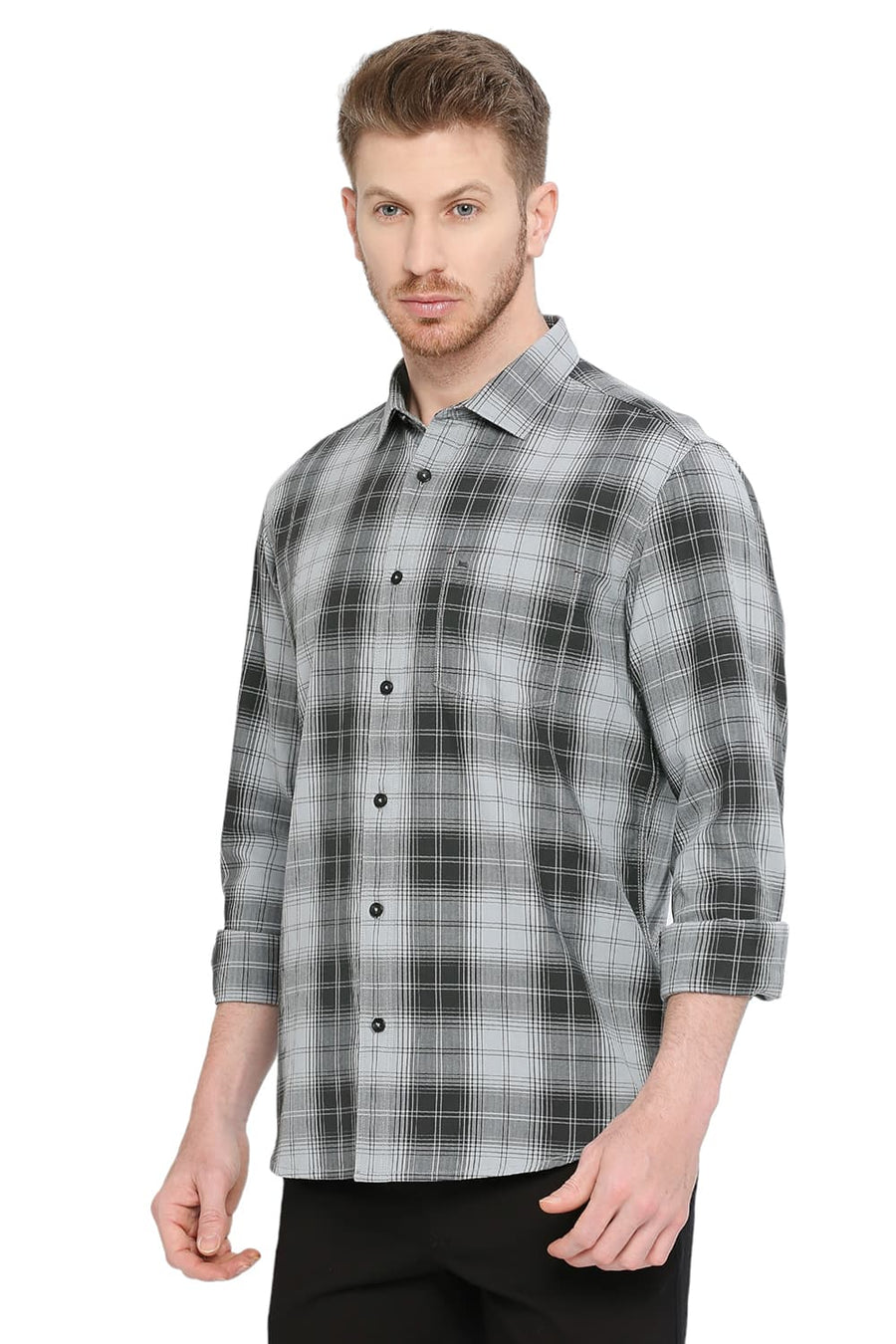 BASICS SLIM FIT SHARK GREY COTTON HERRINGBONE TWILL CHECKS SHIRT