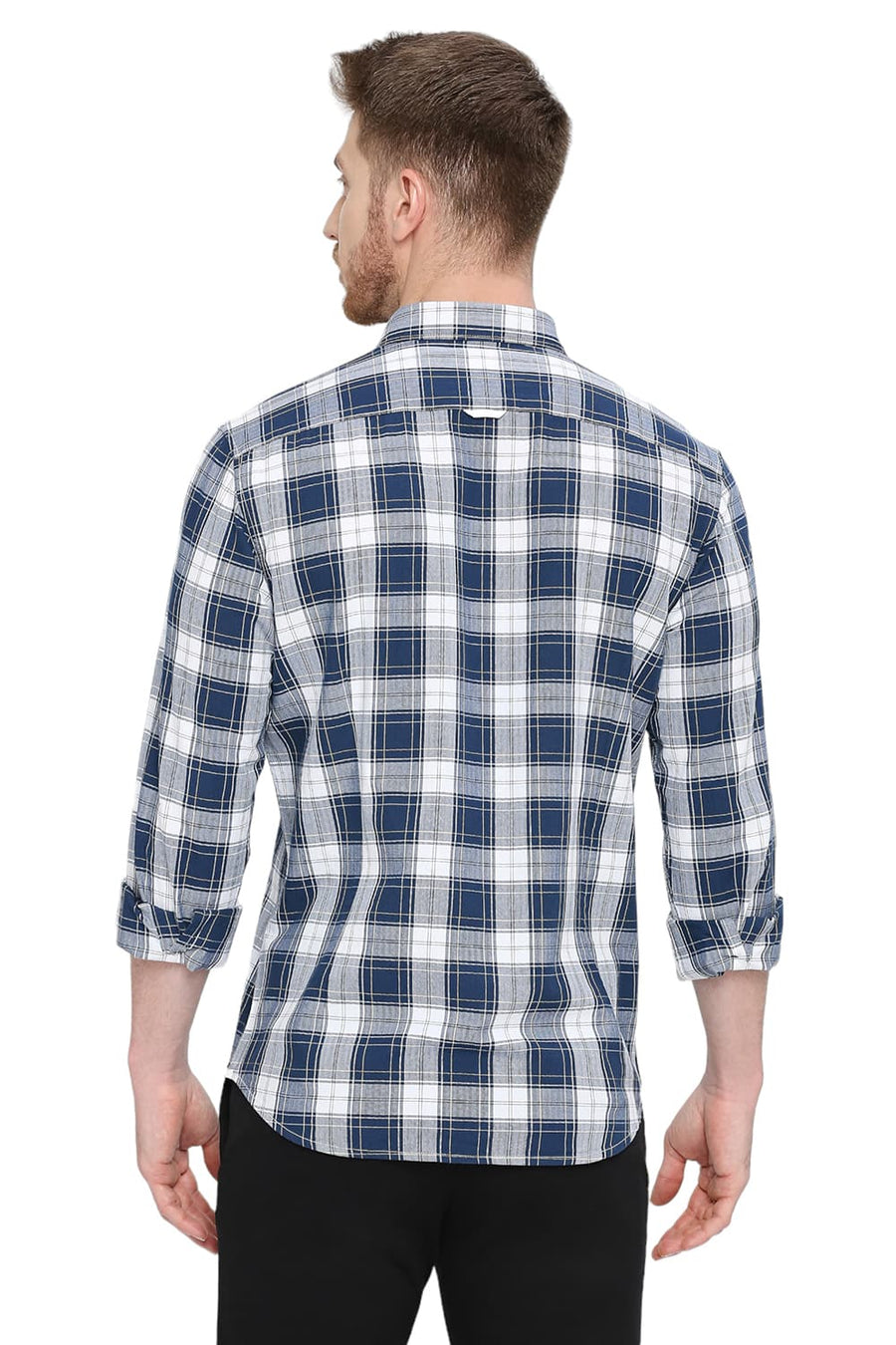 BASICS SLIM FIT OPAL BLUE COTTON HERRINGBONE TWILL CHECKS SHIRT