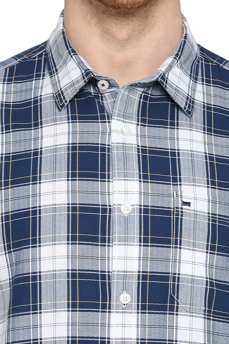 BASICS SLIM FIT OPAL BLUE COTTON HERRINGBONE TWILL CHECKS SHIRT