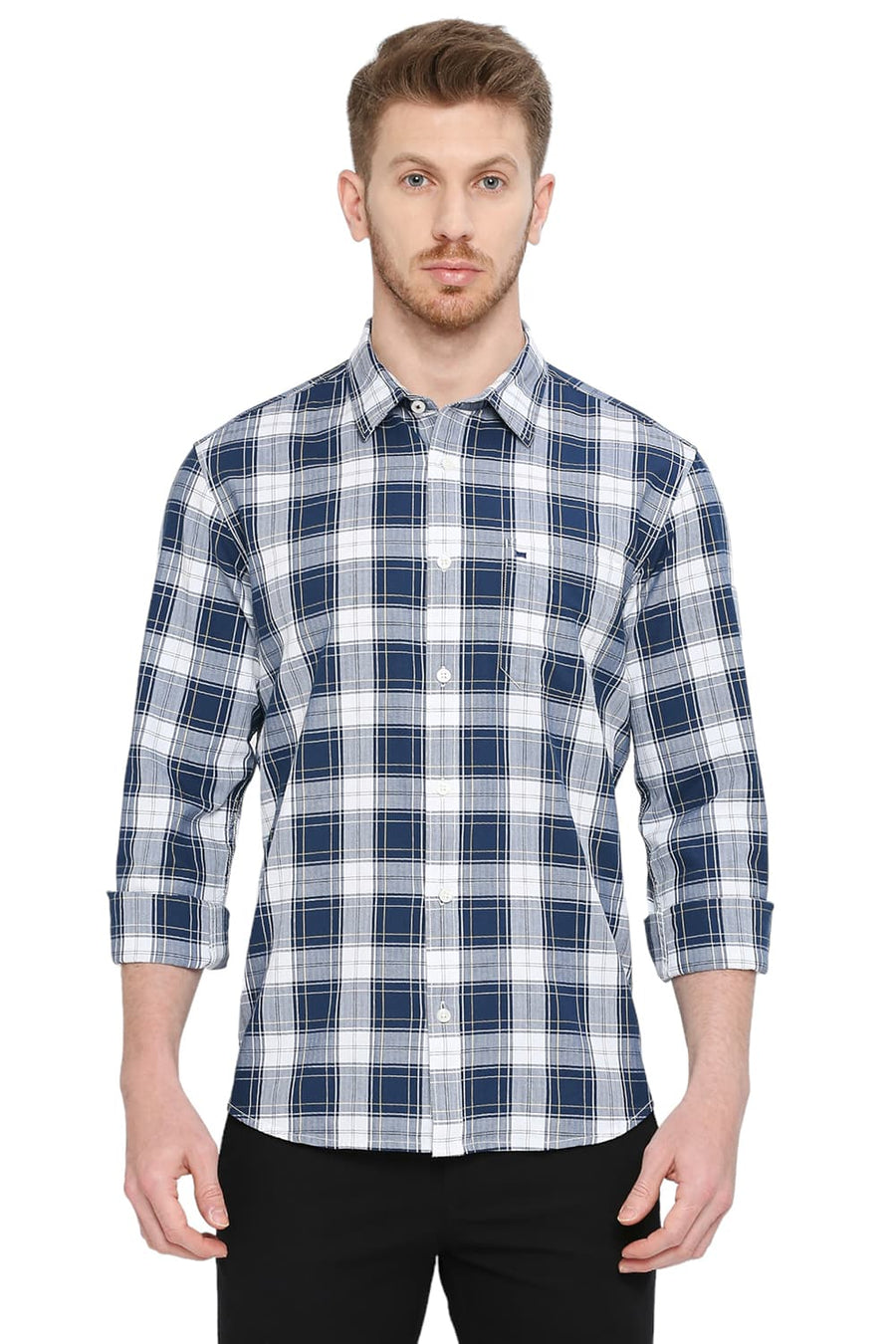 BASICS SLIM FIT OPAL BLUE COTTON HERRINGBONE TWILL CHECKS SHIRT