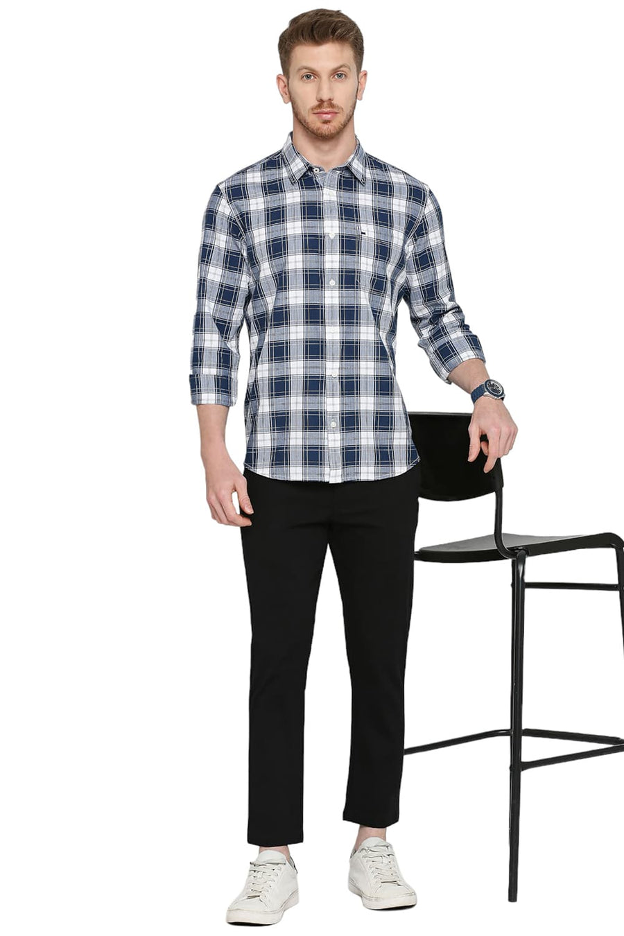 BASICS SLIM FIT OPAL BLUE COTTON HERRINGBONE TWILL CHECKS SHIRT