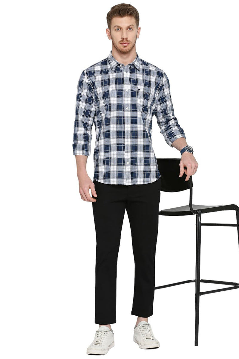 BASICS SLIM FIT COTTON HERRINGBONE TWILL CHECKS SHIRT