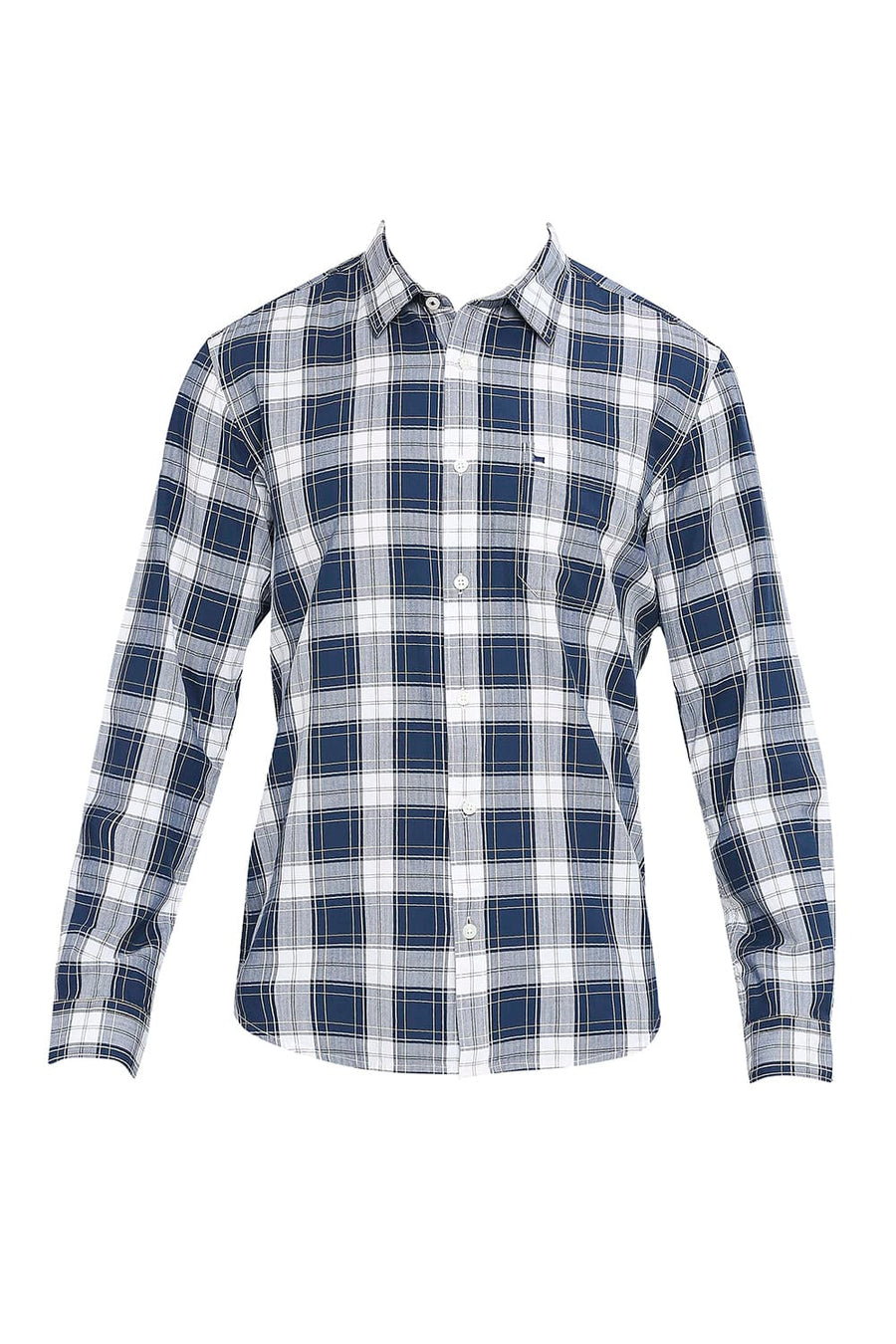 BASICS SLIM FIT OPAL BLUE COTTON HERRINGBONE TWILL CHECKS SHIRT