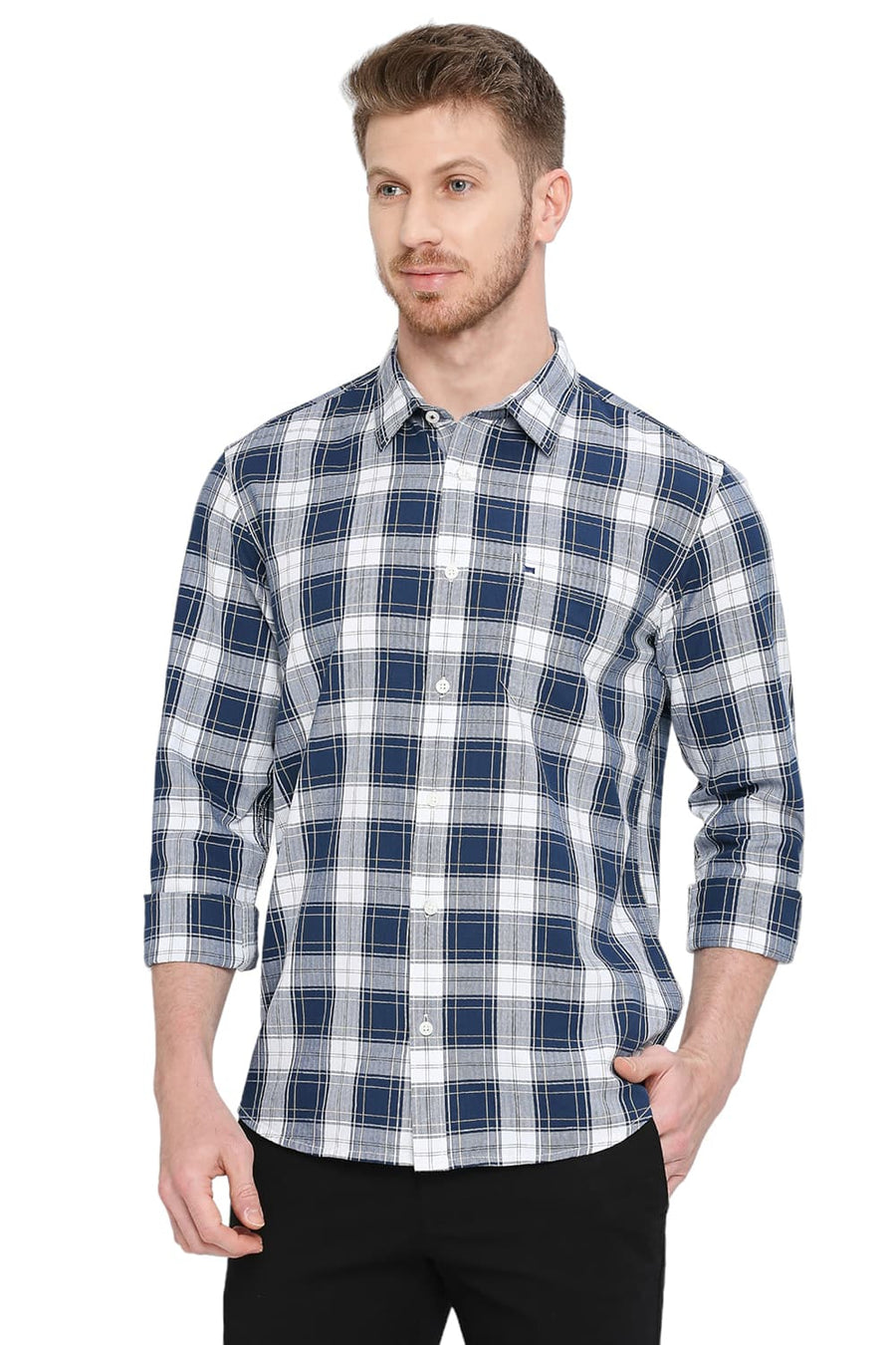 BASICS SLIM FIT OPAL BLUE COTTON HERRINGBONE TWILL CHECKS SHIRT