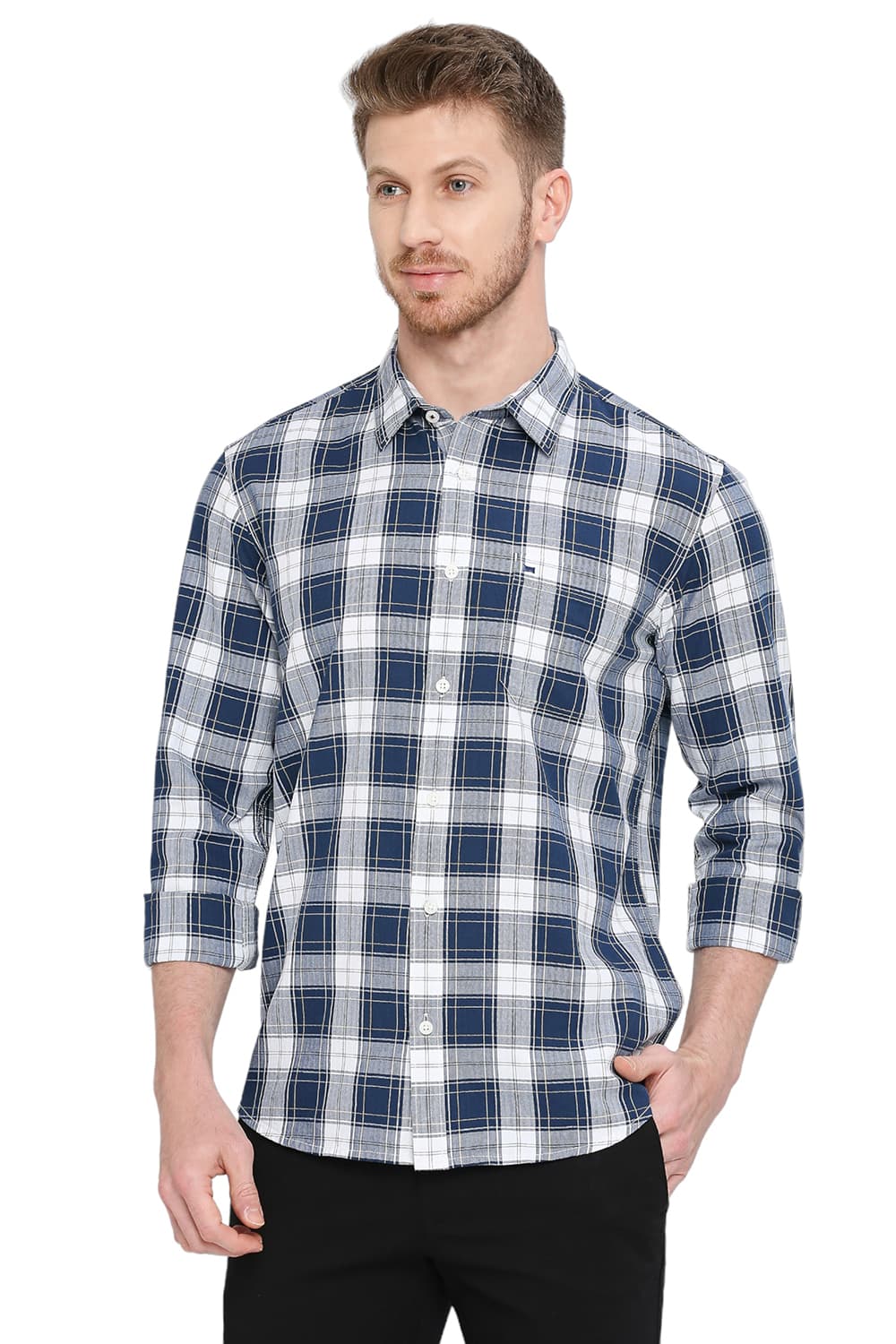 BASICS SLIM FIT COTTON HERRINGBONE TWILL CHECKS SHIRT