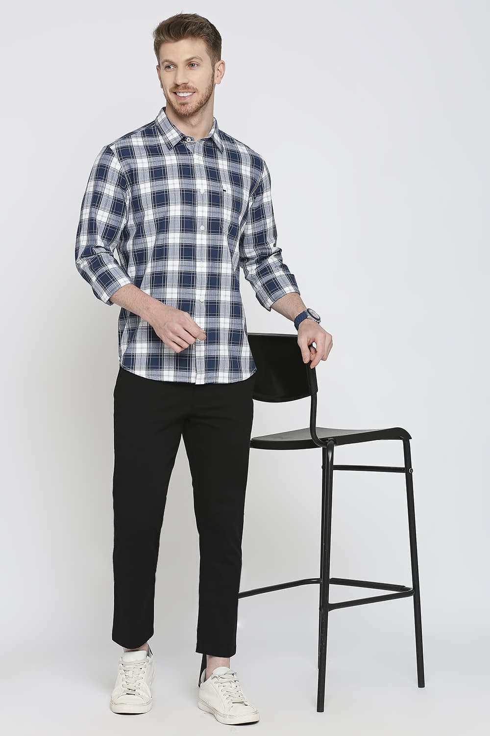 Slim Fit Cotton Herringbone Twill Checks Shirt