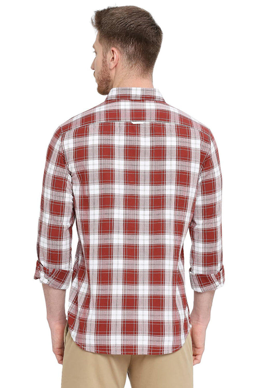 BASICS SLIM FIT BAKED APPLE RED COTTON HERRINGBONE TWILL CHECKS SHIRT