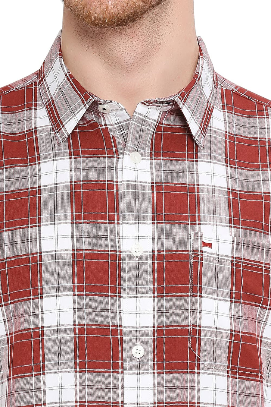 BASICS SLIM FIT BAKED APPLE RED COTTON HERRINGBONE TWILL CHECKS SHIRT