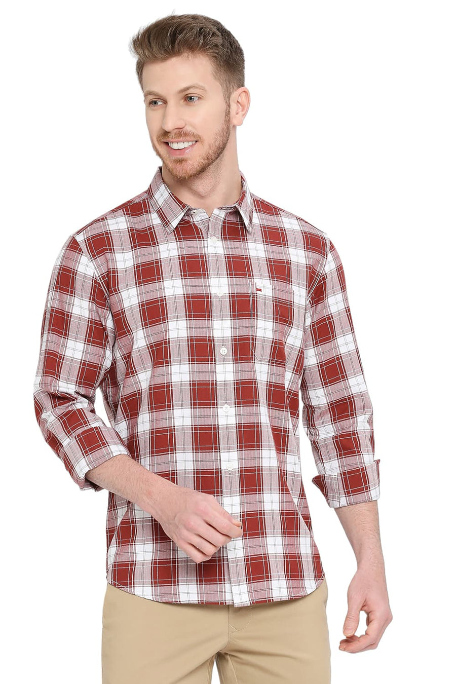 BASICS SLIM FIT BAKED APPLE RED COTTON HERRINGBONE TWILL CHECKS SHIRT