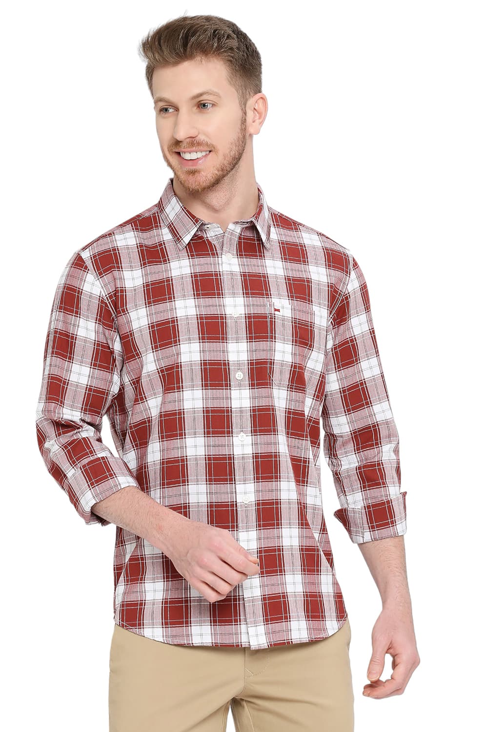 BASICS SLIM FIT COTTON HERRINGBONE TWILL CHECKS SHIRT