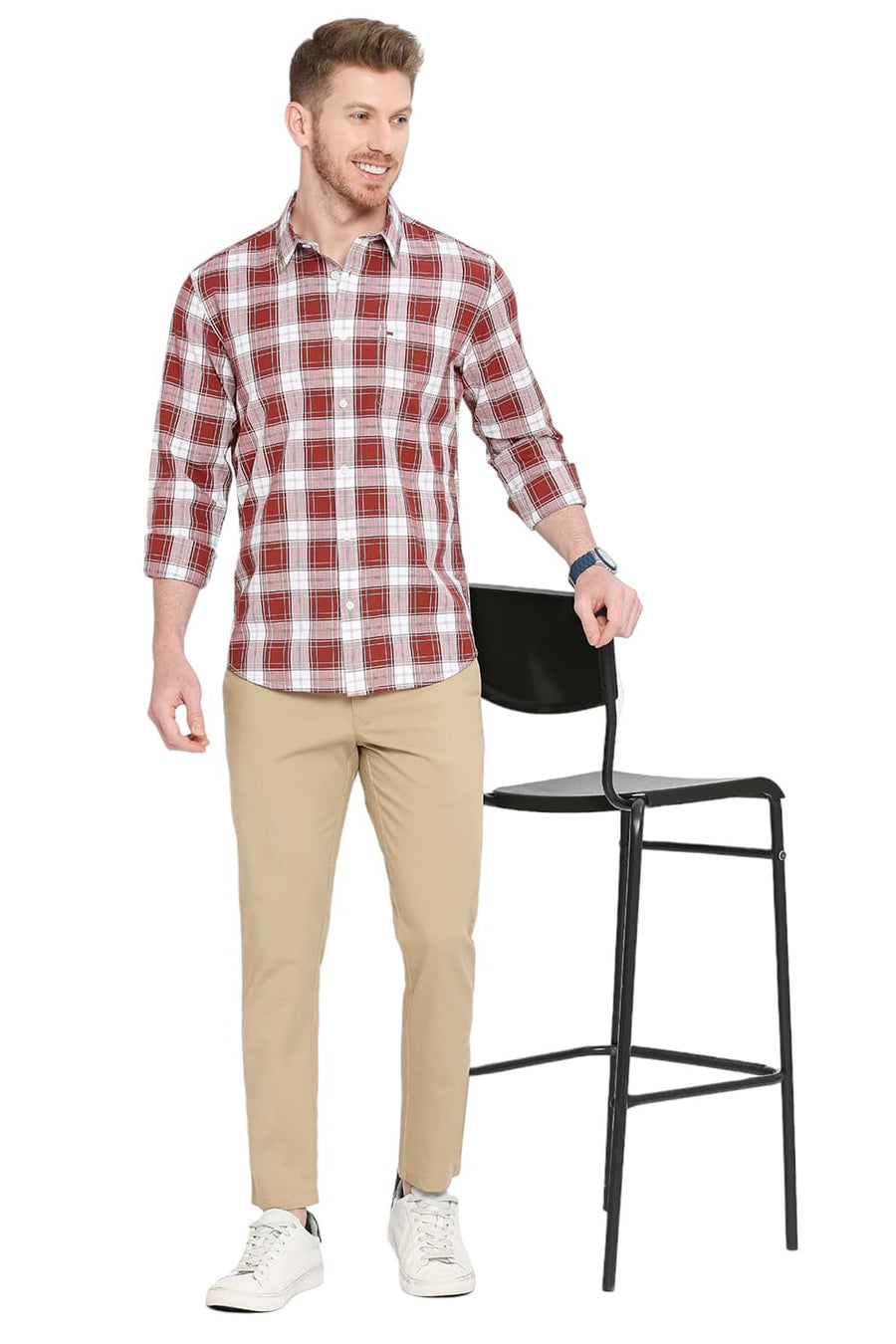 BASICS SLIM FIT BAKED APPLE RED COTTON HERRINGBONE TWILL CHECKS SHIRT
