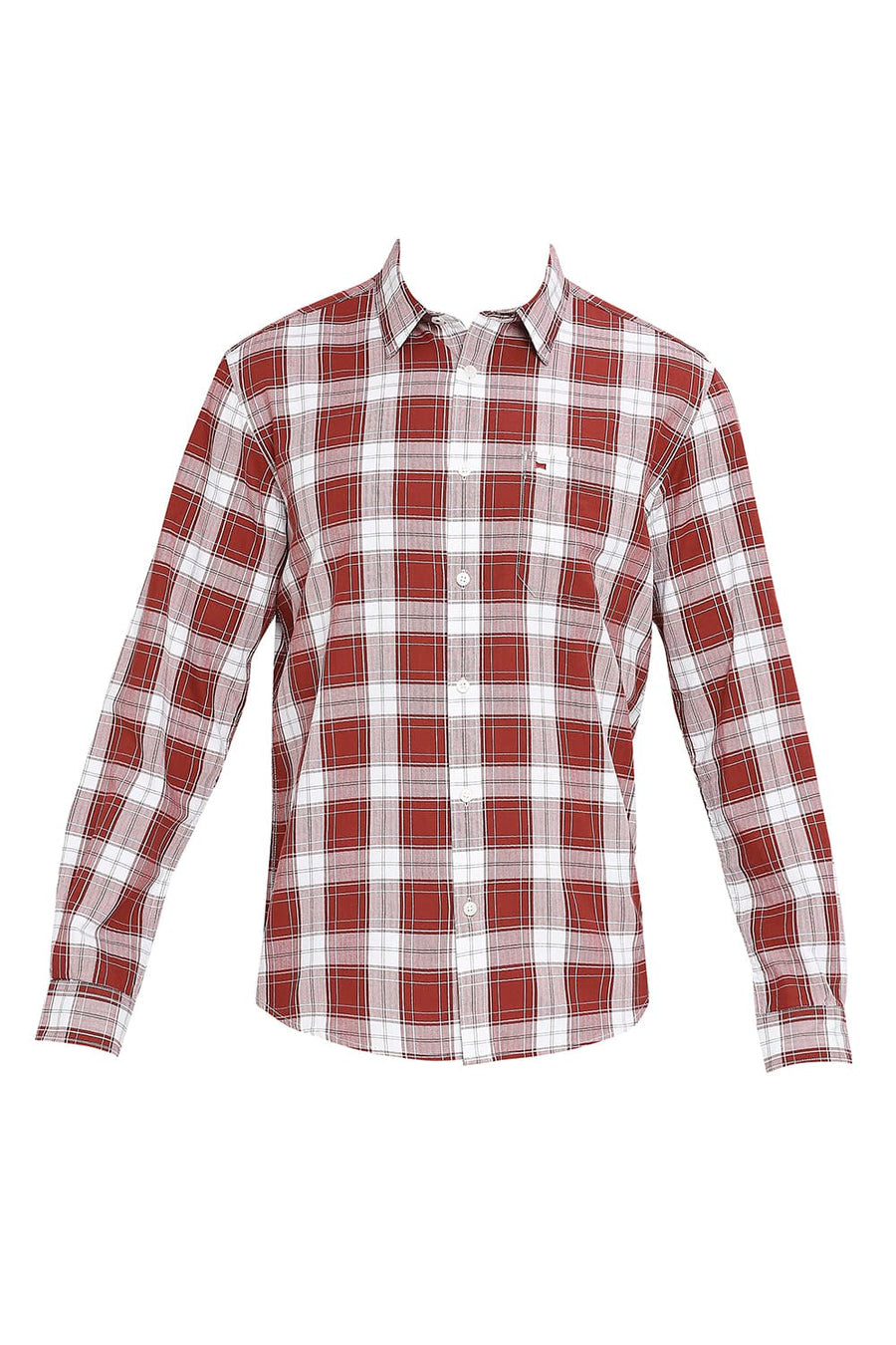 BASICS SLIM FIT BAKED APPLE RED COTTON HERRINGBONE TWILL CHECKS SHIRT