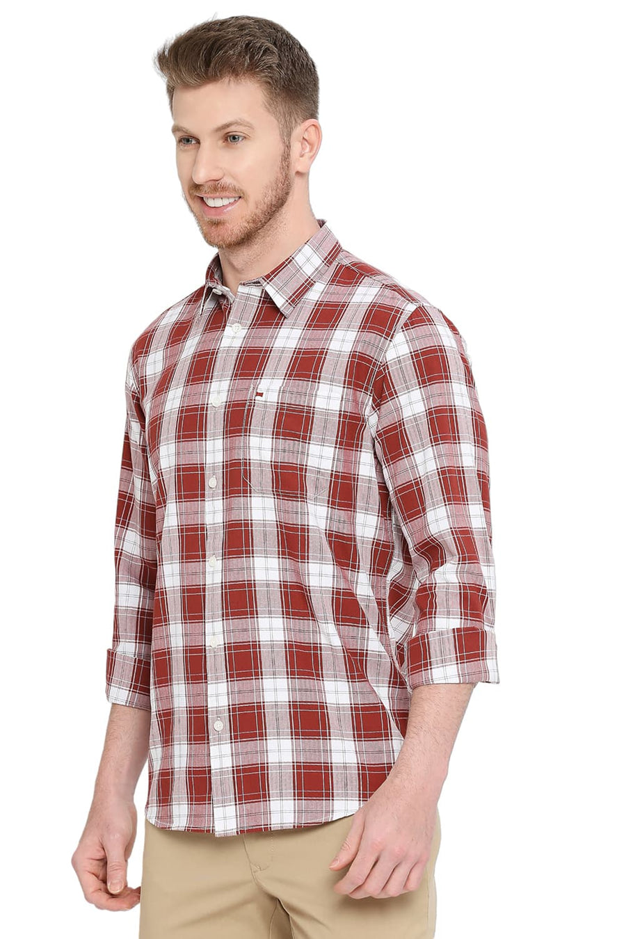 BASICS SLIM FIT BAKED APPLE RED COTTON HERRINGBONE TWILL CHECKS SHIRT
