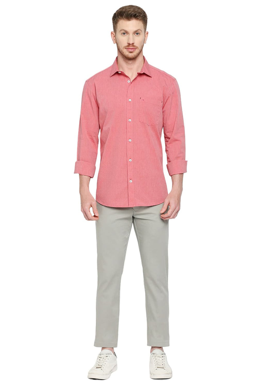 BASICS SLIM FIT POMPEIAN RED COTTON FIL-A-FIL SHIRT