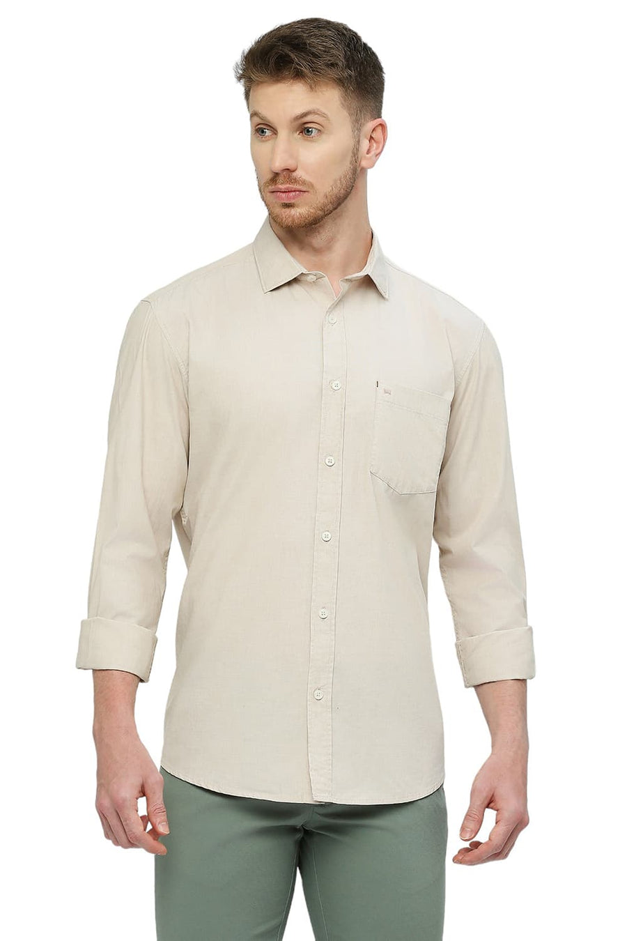 BASICS SLIM FIT SOYBEAN ECRU COTTON FIL-A-FIL SHIRT