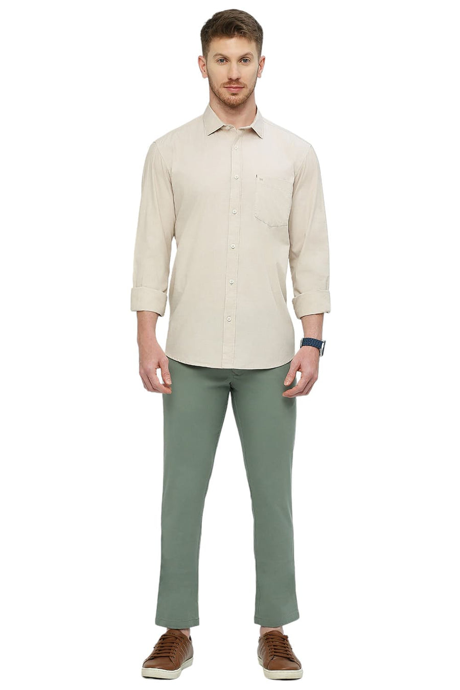 BASICS SLIM FIT SOYBEAN ECRU COTTON FIL-A-FIL SHIRT