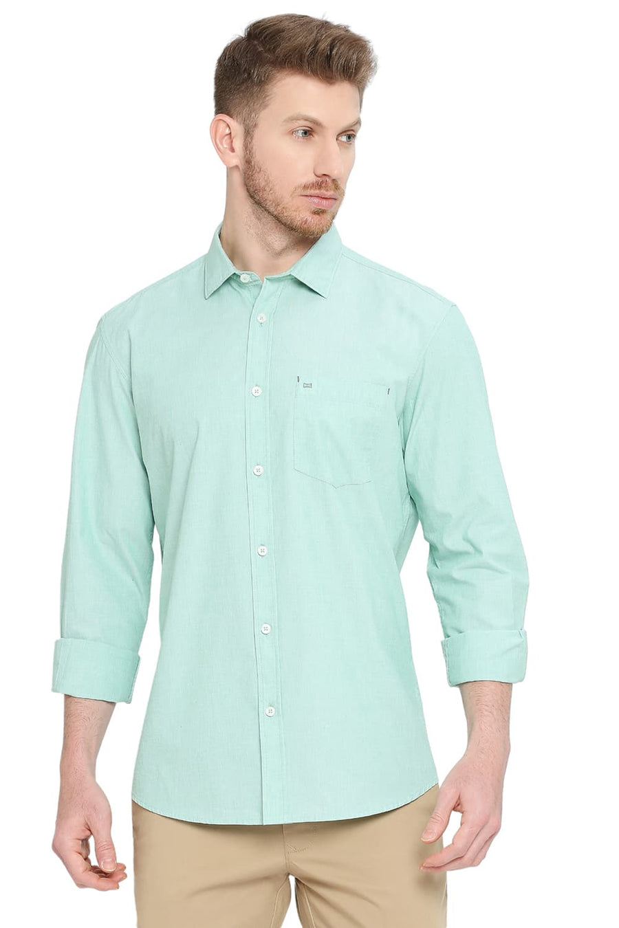 BASICS SLIM FIT MEADOW GREEN COTTON FIL-A-FIL SHIRT
