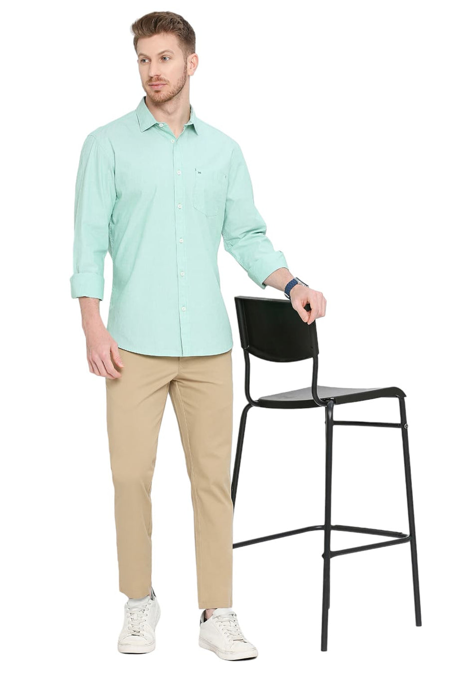 BASICS SLIM FIT MEADOW GREEN COTTON FIL-A-FIL SHIRT