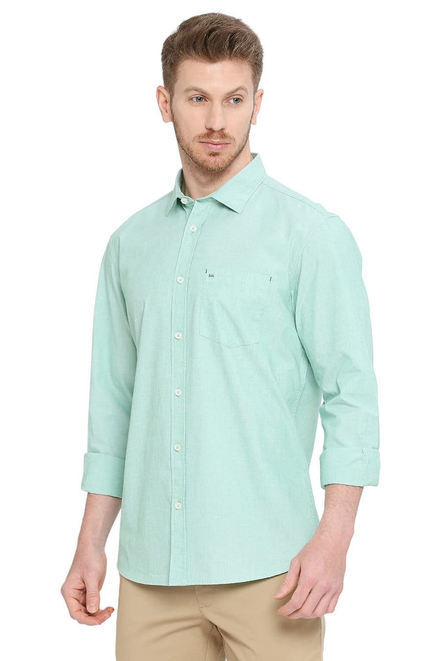 BASICS SLIM FIT MEADOW GREEN COTTON FIL-A-FIL SHIRT