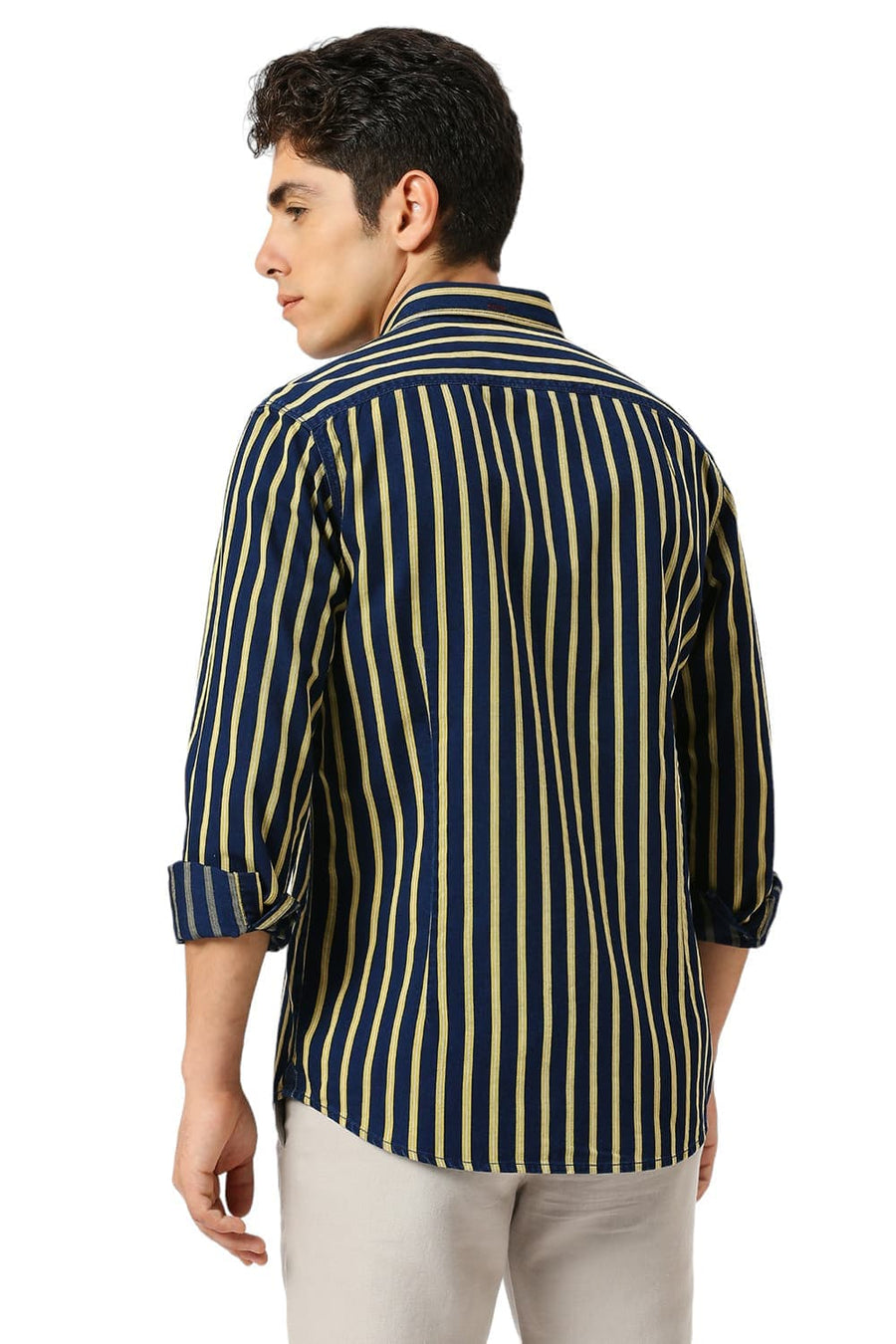 BASICS SLIM FIT MISTED YELLOW COTTON INDIGO STRIPE SHIRT