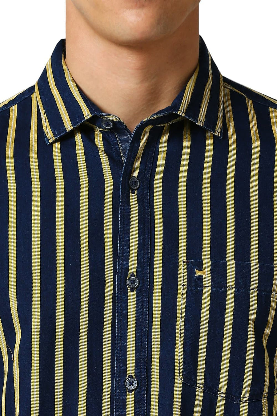 BASICS SLIM FIT MISTED YELLOW COTTON INDIGO STRIPE SHIRT