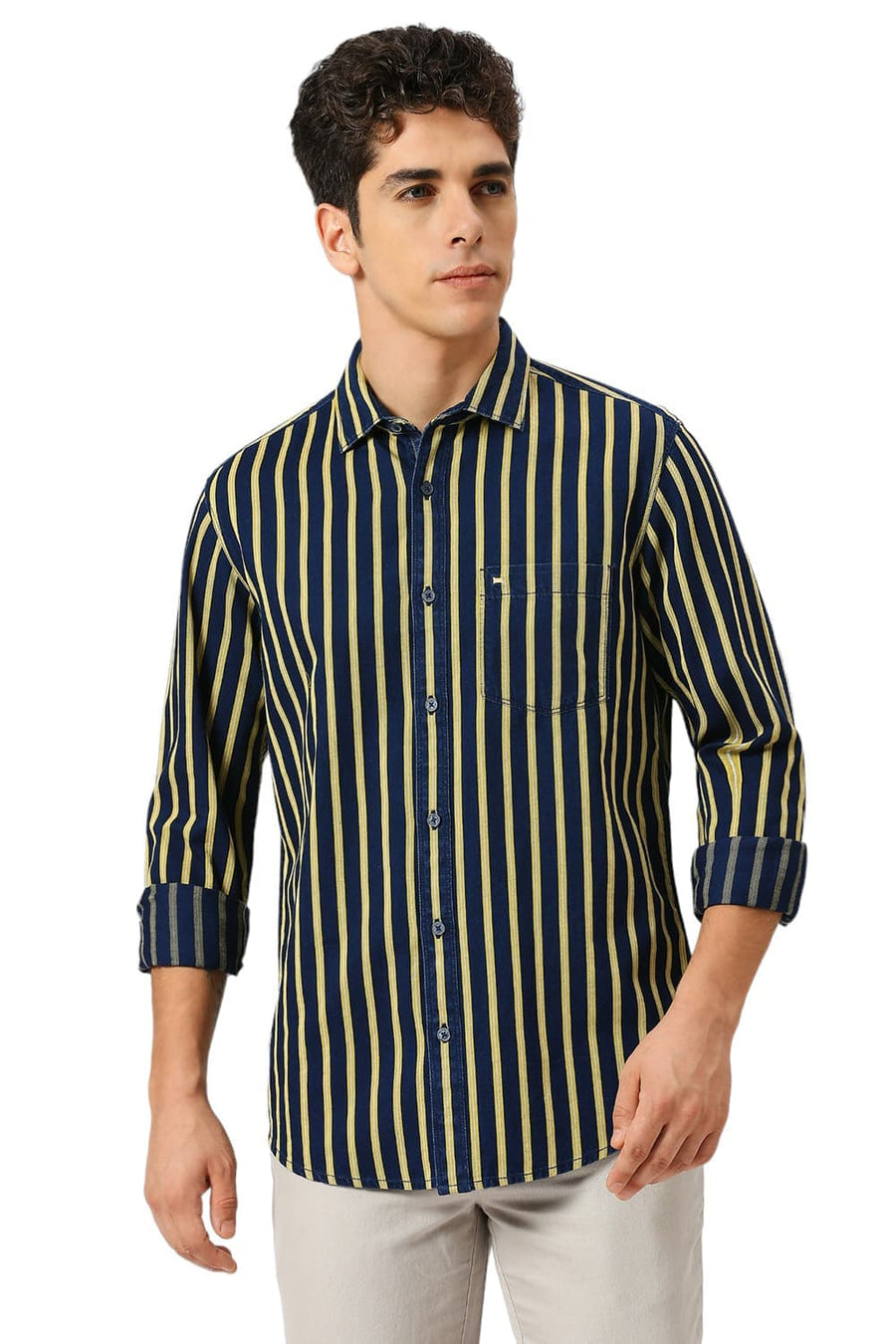 BASICS SLIM FIT MISTED YELLOW COTTON INDIGO STRIPE SHIRT