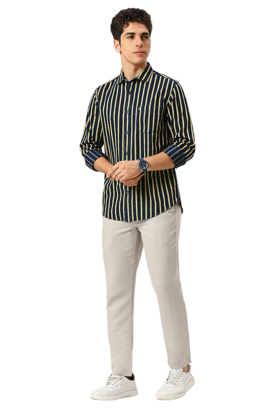 BASICS SLIM FIT MISTED YELLOW COTTON INDIGO STRIPE SHIRT