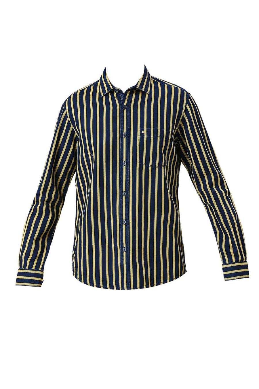 BASICS SLIM FIT MISTED YELLOW COTTON INDIGO STRIPE SHIRT