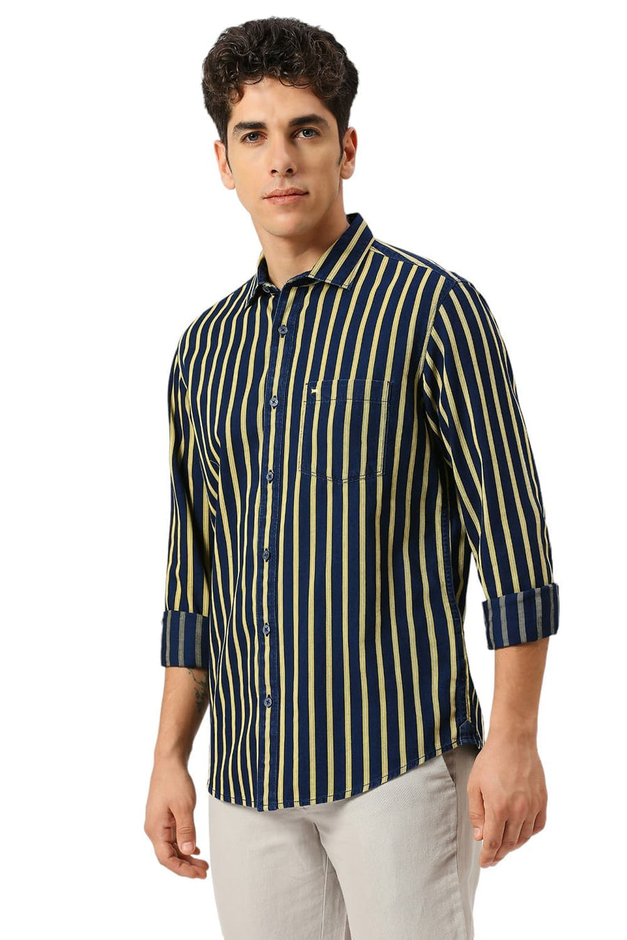BASICS SLIM FIT MISTED YELLOW COTTON INDIGO STRIPE SHIRT