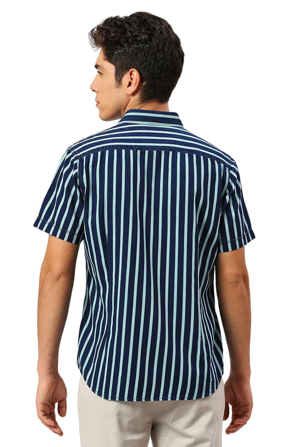SLIM FIT COTTON INDIGO STRIPE HALFSLEEVES SHIRT