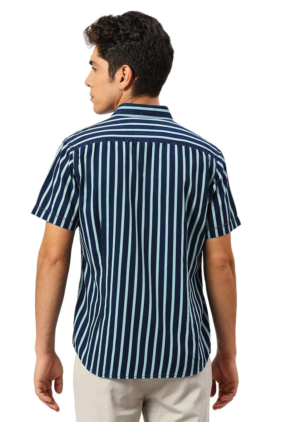 BASICS SLIM FIT AQUA HAZE COTTON INDIGO STRIPE HALFSLEEVES SHIRT