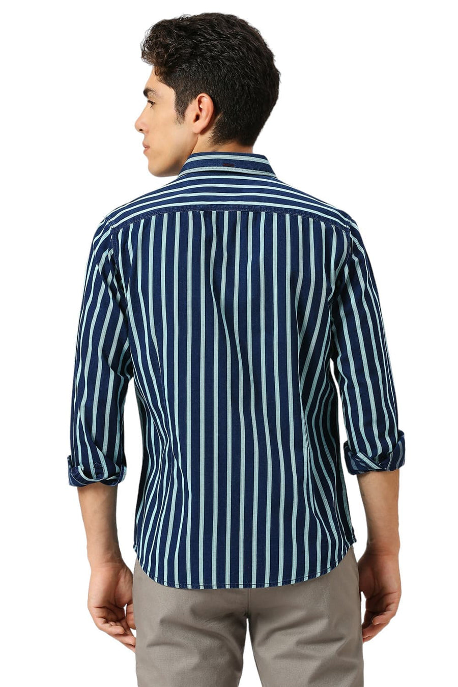 BASICS SLIM FIT AQUA HAZE COTTON INDIGO STRIPE SHIRT