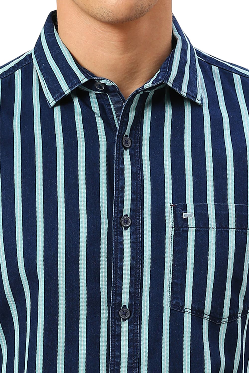 SLIM FIT COTTON INDIGO STRIPE HALFSLEEVES SHIRT