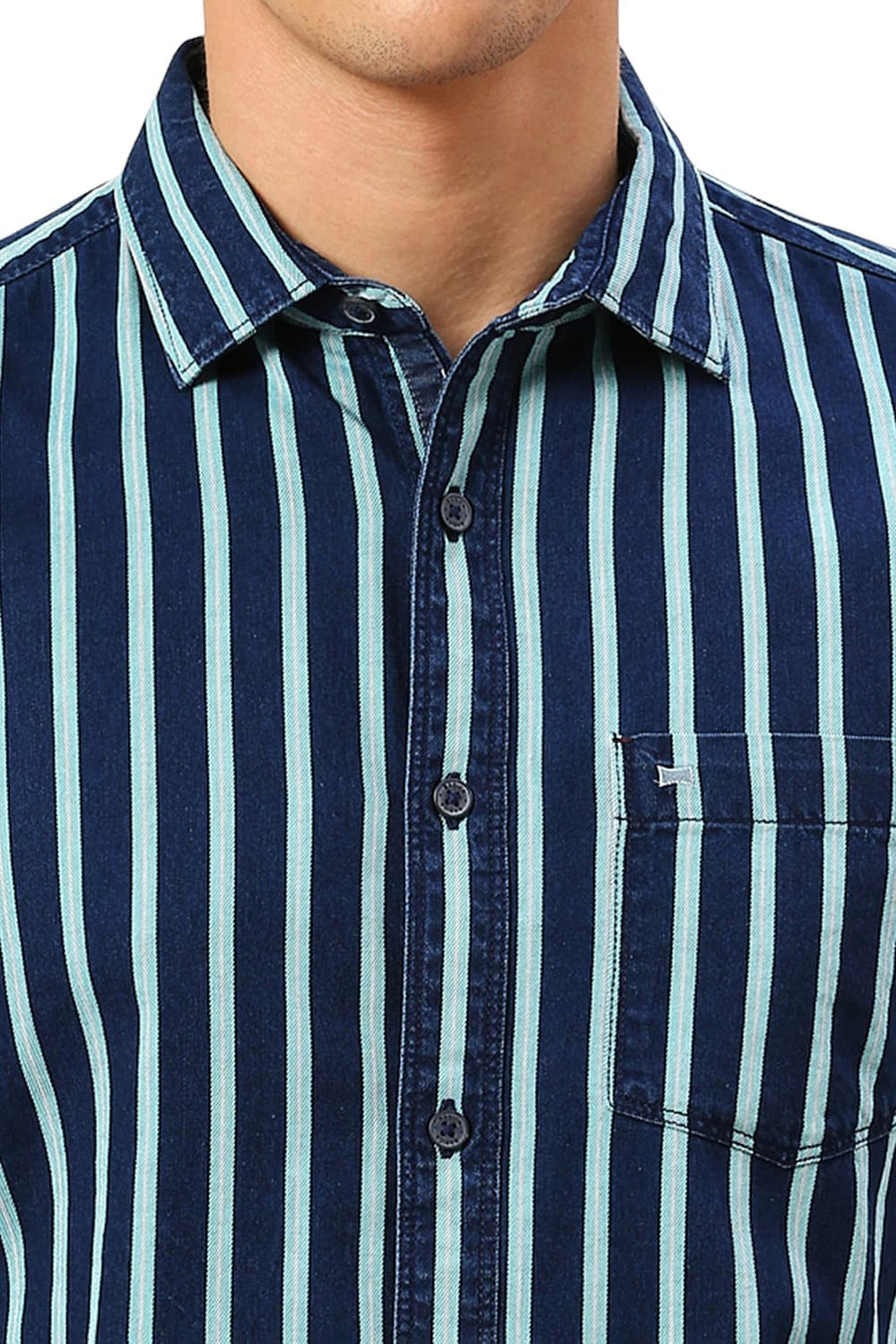 BASICS SLIM FIT AQUA HAZE COTTON INDIGO STRIPE HALFSLEEVES SHIRT