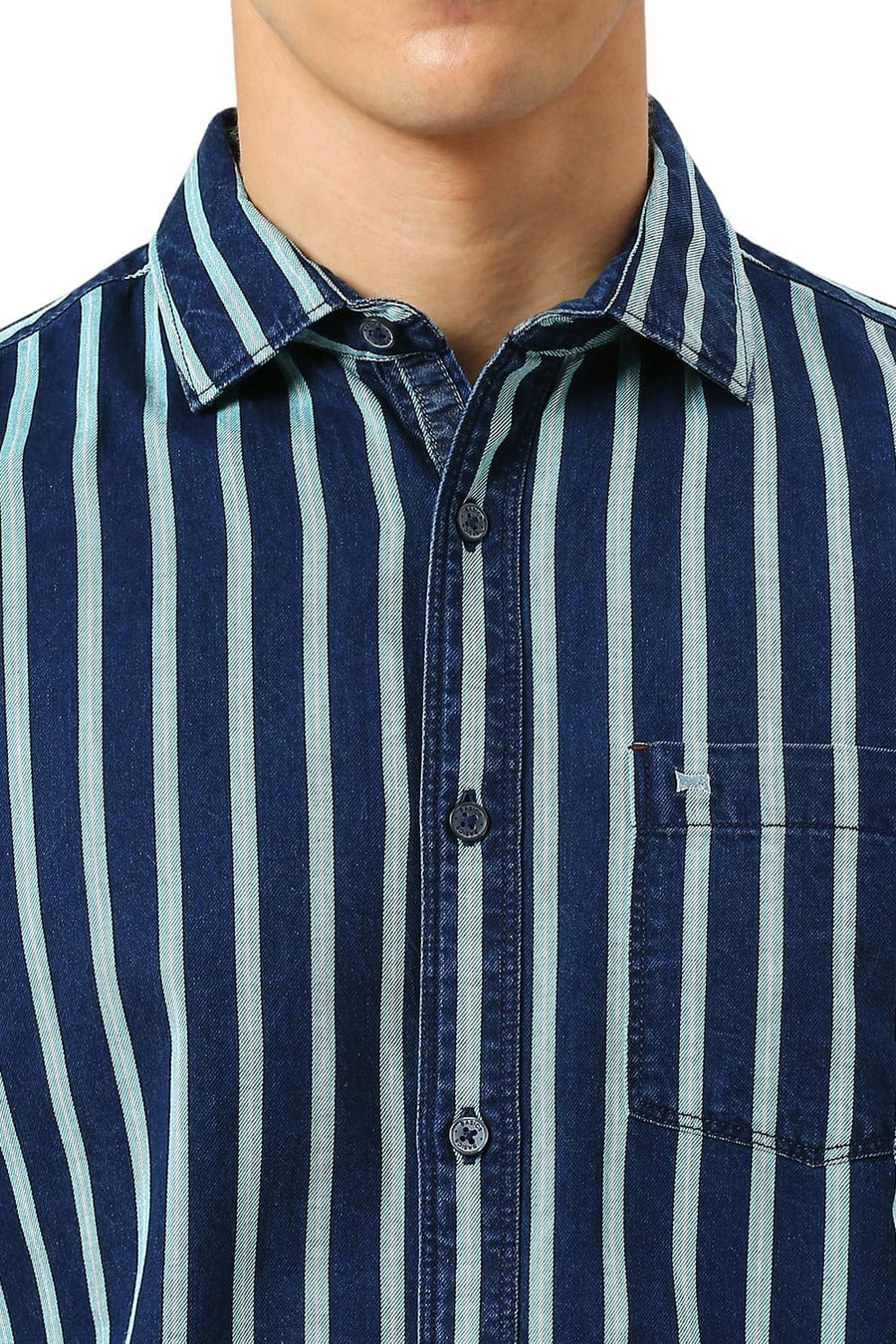 BASICS SLIM FIT AQUA HAZE COTTON INDIGO STRIPE SHIRT