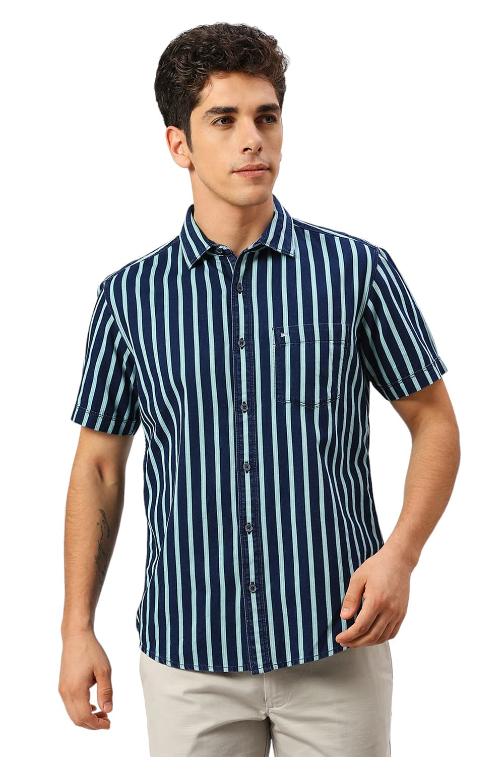 SLIM FIT COTTON INDIGO STRIPE HALFSLEEVES SHIRT