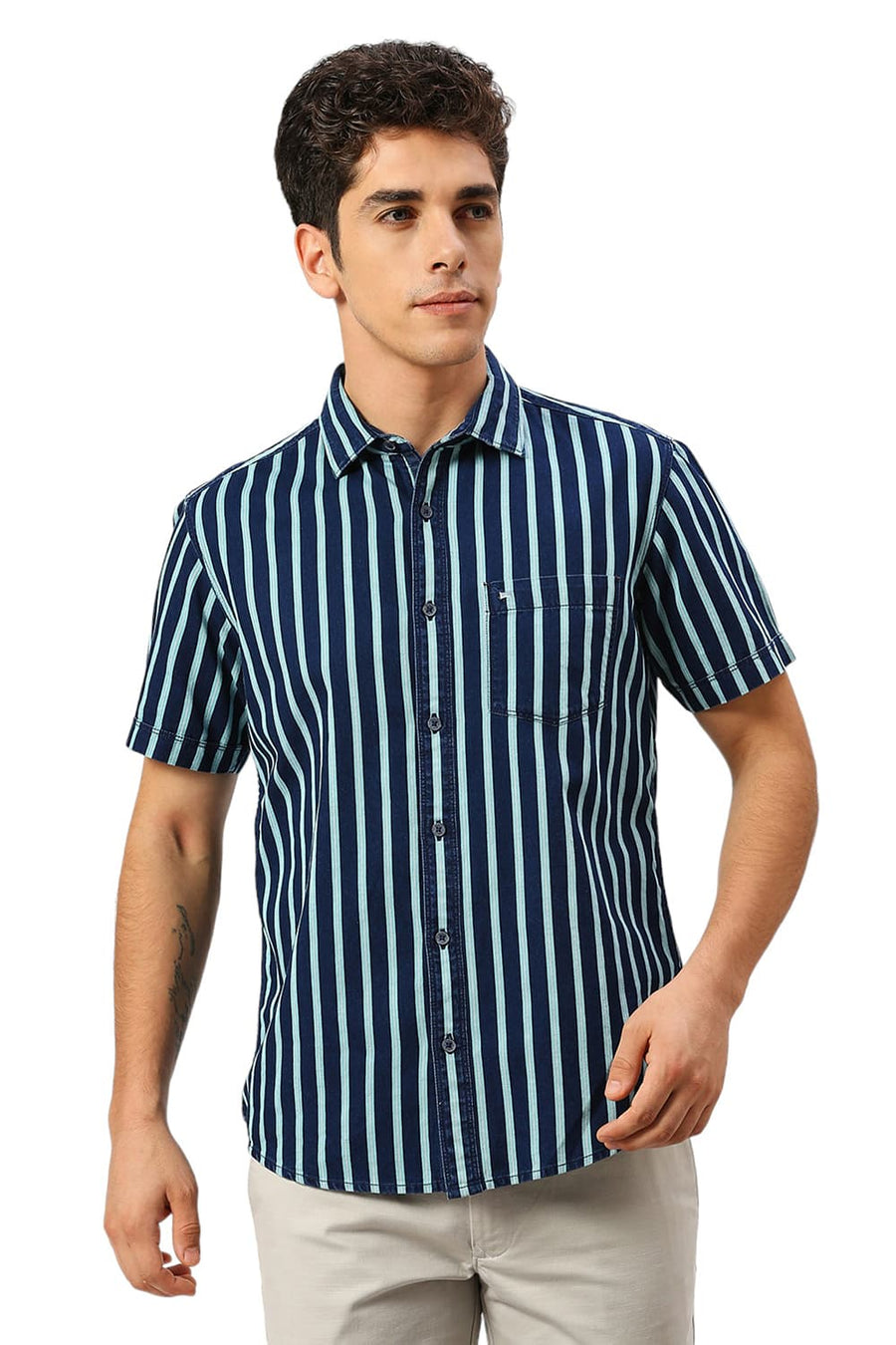 BASICS SLIM FIT AQUA HAZE COTTON INDIGO STRIPE HALFSLEEVES SHIRT