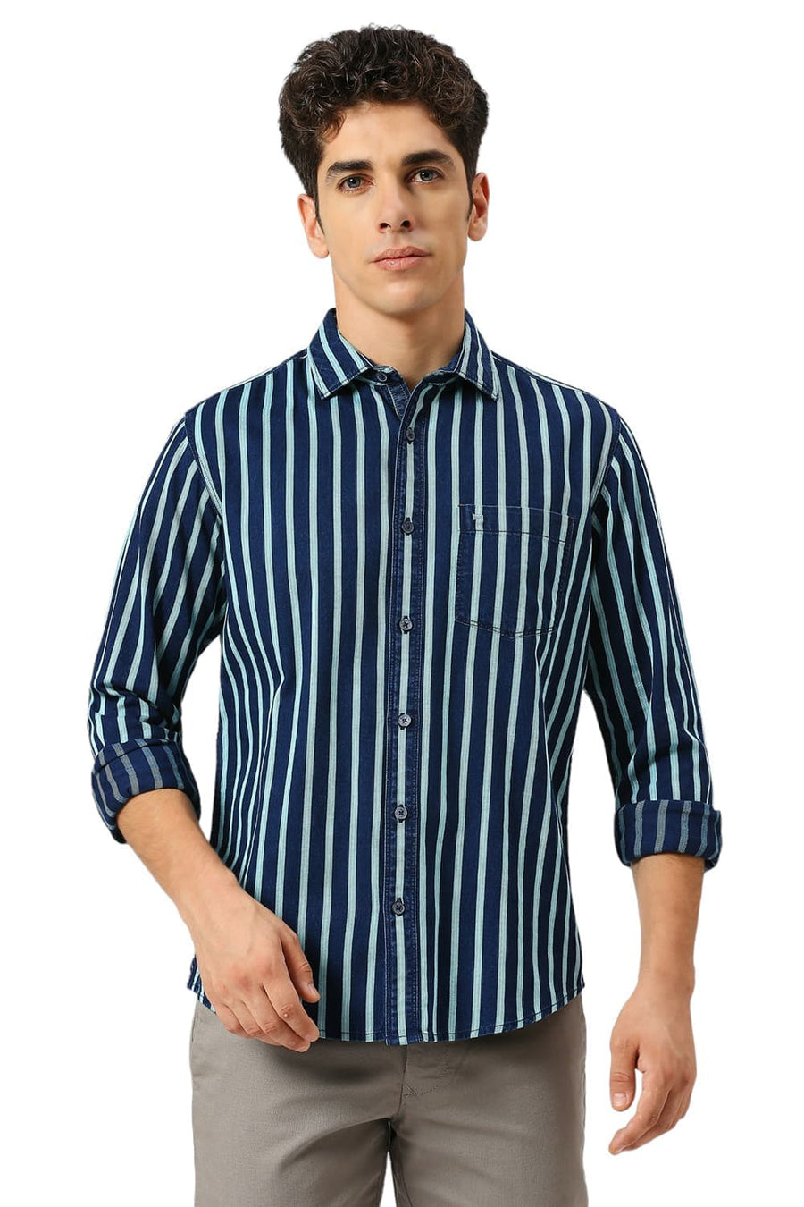 BASICS SLIM FIT AQUA HAZE COTTON INDIGO STRIPE SHIRT