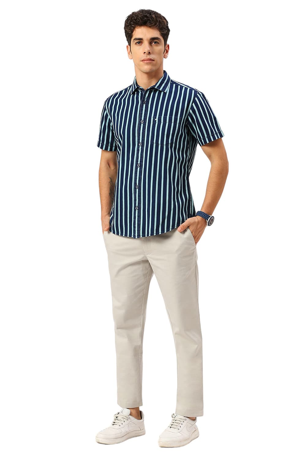 SLIM FIT COTTON INDIGO STRIPE HALFSLEEVES SHIRT