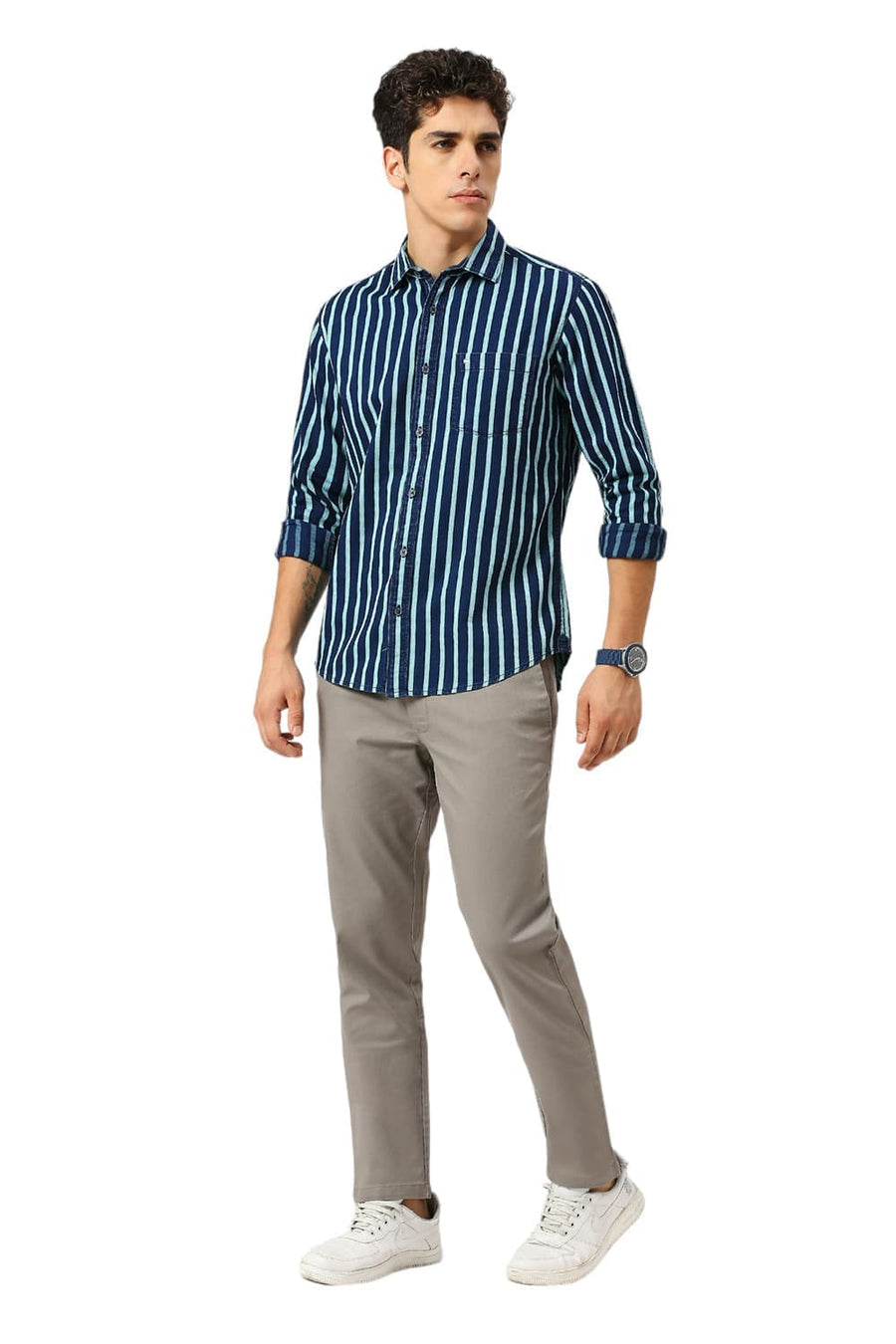 BASICS SLIM FIT AQUA HAZE COTTON INDIGO STRIPE SHIRT